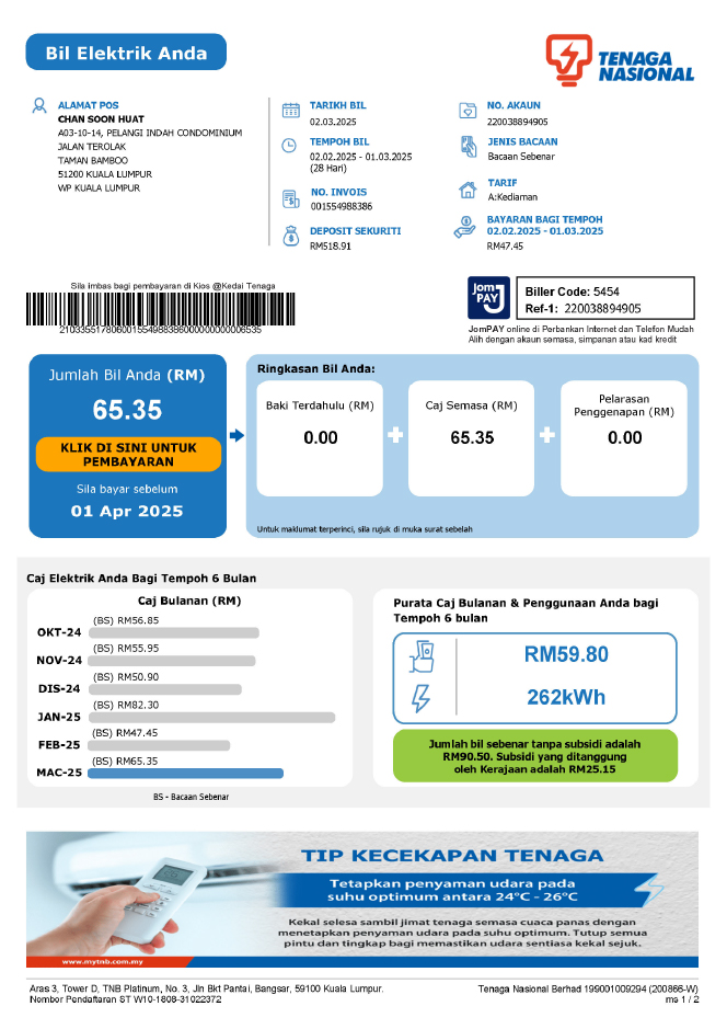 TNB Online Bill Layout Page 1
